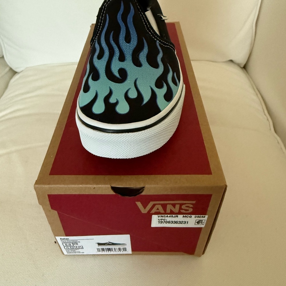 Vans Blue and Black Flames Slip-On Sneakers
